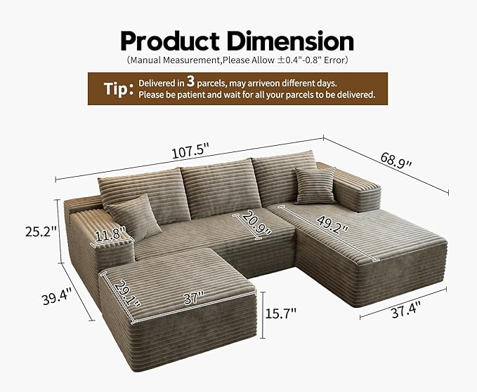 107.5"Cloud Modular Sectional Couch with 1 Ottoman,Modern Minimalist Upholstered Couches, Comfort U Shaped Sofa for Living Room,Deep Seat Corner Couch，No Assembly Required (Camel,Right Facing Chaise)