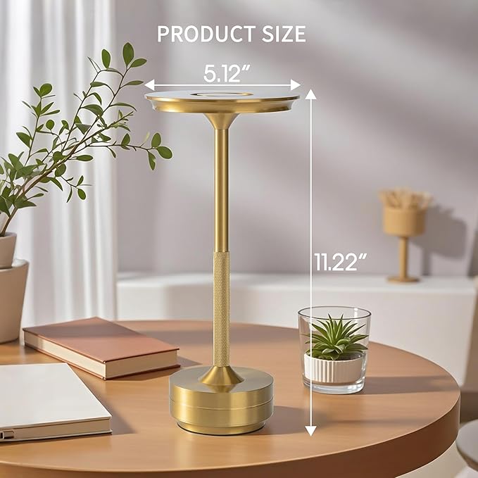 Gold Brushed LED Desk Lamp with Touch Control, 3 Color Modes, Dimmable, Built-in 5200mAh Battery, Eye-Friendly Flicker-Free Lighting, USB Type-C, Non-Slip Base