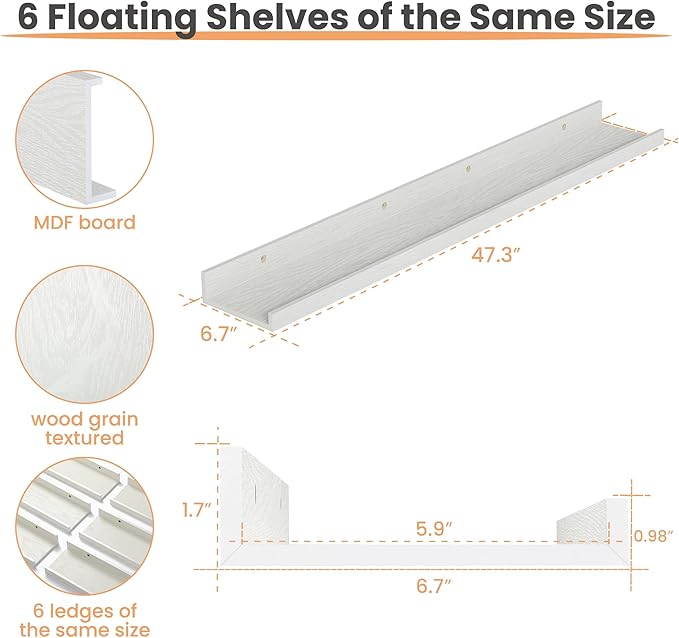 upsimples Floating Shelves for Wall, 47.3 Inch Shelves for Decor Storage Set of 6, Wall Mounted Wood Shelf for Bedroom, Living Room, Bathroom, Kitchen, Long Picture Ledge Shelves, White