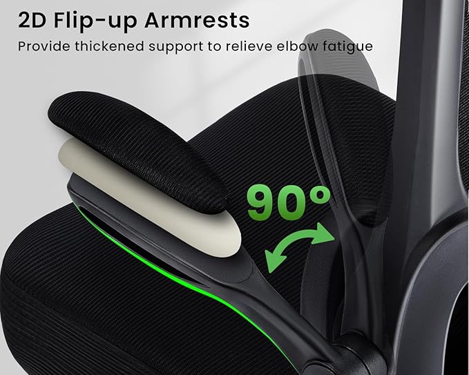 Ergonomic Office Chair, Comfy Desk Chair with Adjustable Lumbar Support, Mesh Computer Chair with Wheels, Flip-up Armrests, Swivel Rolling Executive Chair for Home Office, Gaming, Black