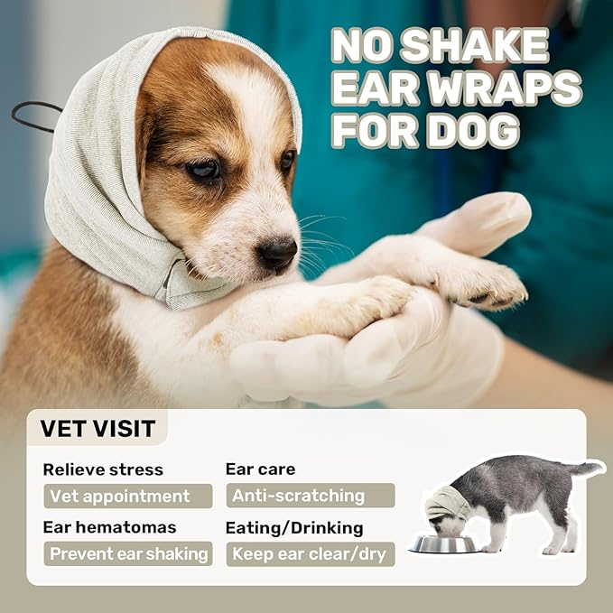 Dog Calming Hoodie, No Shake Ear Wraps for Dogs, Adjustable Dog Ear Muffs for Noise Protection, Ear Wrap Head Cover for Anxiety Relief & Hematoma (Pearl White, S(Head Circle:9.8"-14.9"))