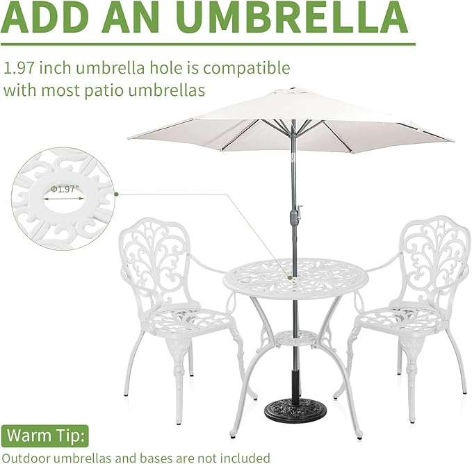 Patio Bistro Sets 3 Piece,Cast Aluminum Bistro Table and Chairs Set of 2 with 1.97" Umbrella Hole,All Weather Bistro Table Set Outdoor Patio Furniture for Garden,Yard(Butterfly White)