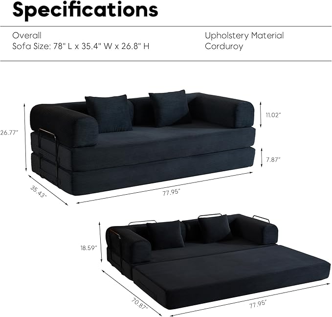 Convertible Sleeper Sofa Bed with Fixed-Shape Frame, Corduroy Folding Boneless Couch with Cylindrical Pillow, Comfy Floor Sofa Couch for Living Room, No Assembly Required, Black