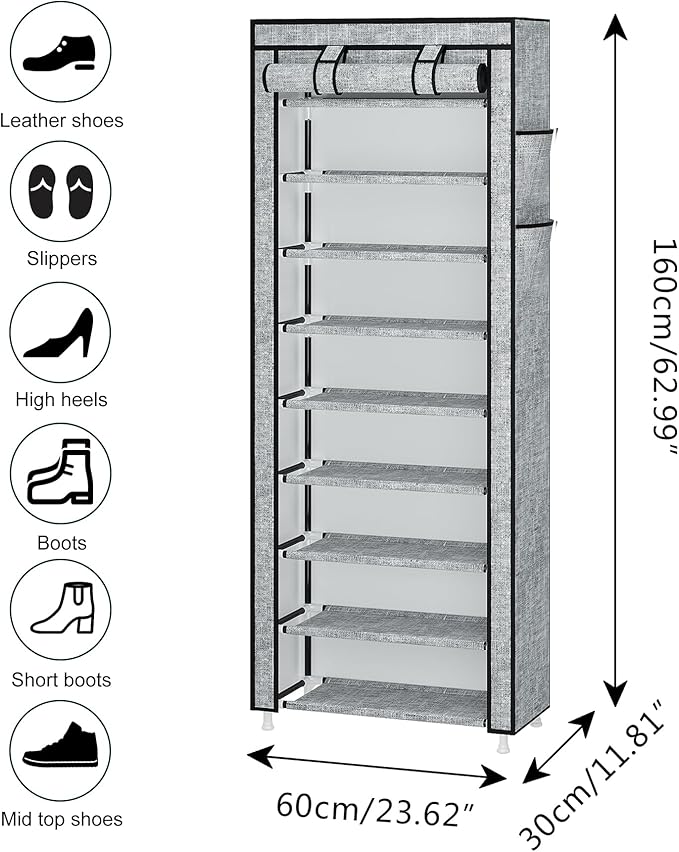 Calmootey 9 Tier Shoe Rack Organizer,Portable Shoe Shelf with Nonwoven Fabric Cover for Closet Hallway,Bedroom,Entryway, Ash Grey