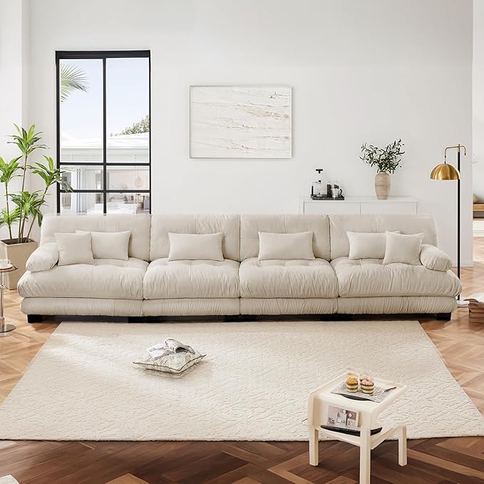 173.2" Oversized Couch, 4 Seater Modular Sectional Sofa, Beige Sectional Fluffy Chenille Cloud Couch Set with 6 Pillows, Deep Seat Sofas for Living Room