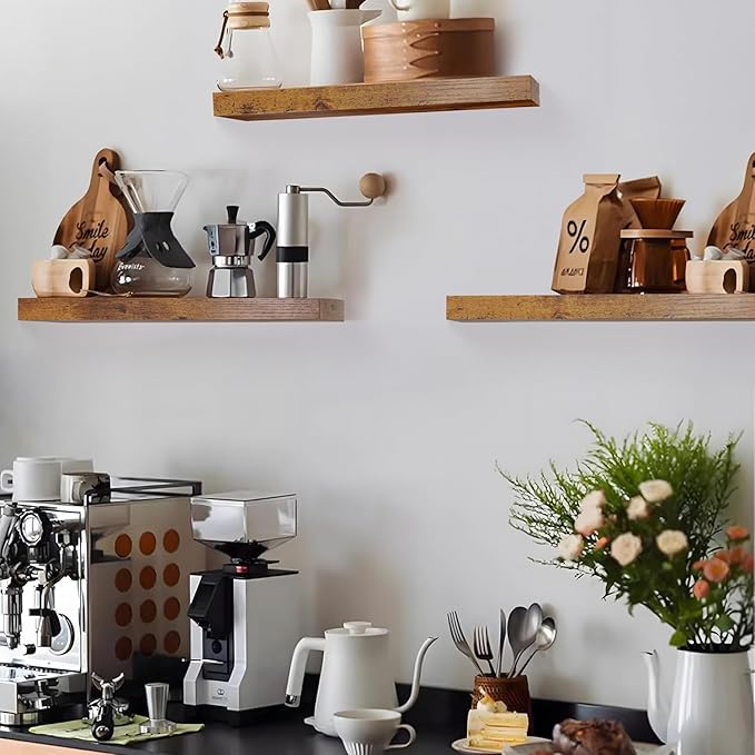 Floating Shelves for Wall Set of 3, 24in Hanging Shelf for Books, Storage, Room Decor, Rustic Wood Wall Mounted Shelves for Bathroom, Toilet, Bedroom, Living Room, Kitchen, Office, Rustic Brown