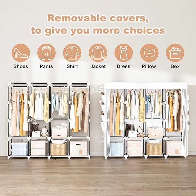 Portable Closet for Hanging Clothes, 67 Inch Wide Portable Wardrobe Closet with Cover, 4 Hanging Rod, Storage Shelves and Side Pockets, Large Free Standing Closet for Bedroom, White