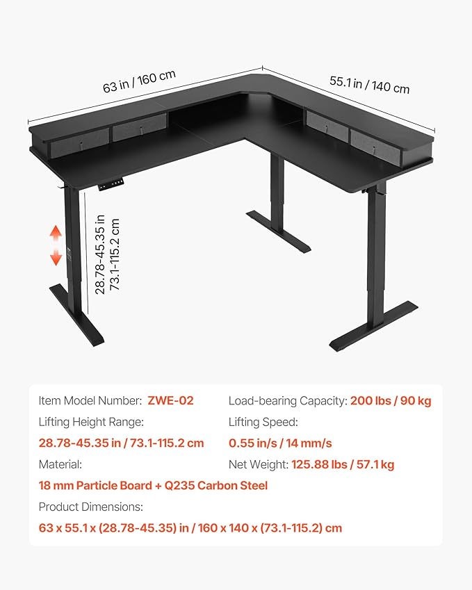 VEVOR 63'' Electric L Shaped Standing Desk, 3 Memory Height, 2-Tier Corner Table with 4 Drawers Storage, 2 Hooks & Cable Hole, Heavy Duty Carbon Steel Sit Stand Computer Workstation, Easy to Assemble