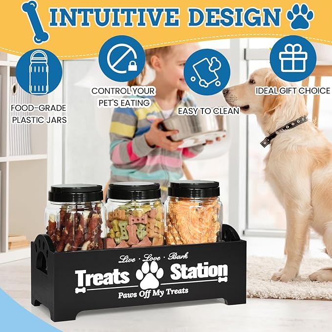 Dog Treat Container Dog Food Container for Dog Food Storage, Farmhouse Cat Food Container Pet Food Storage Organizer, Wood Dog Treat Holder with 3 Plastic Cat Dog Treat Jars, Black Cat Treat Container