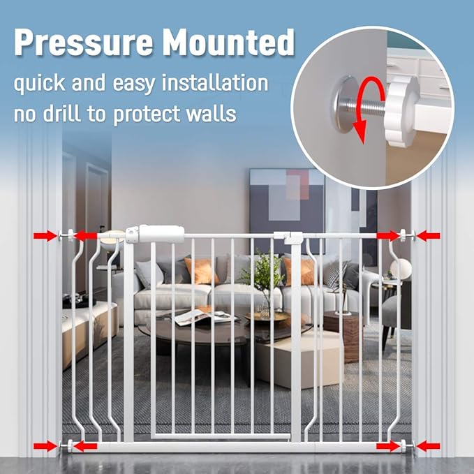 ALLAIBB Extra Wide Baby Gate Pressure Mount Auto Close White Metal Child Dog Pet Safety Gates with Walk Through for Stairs,Doorways,Kitchen and Living Room(71.65-76.38"/182-194cm)