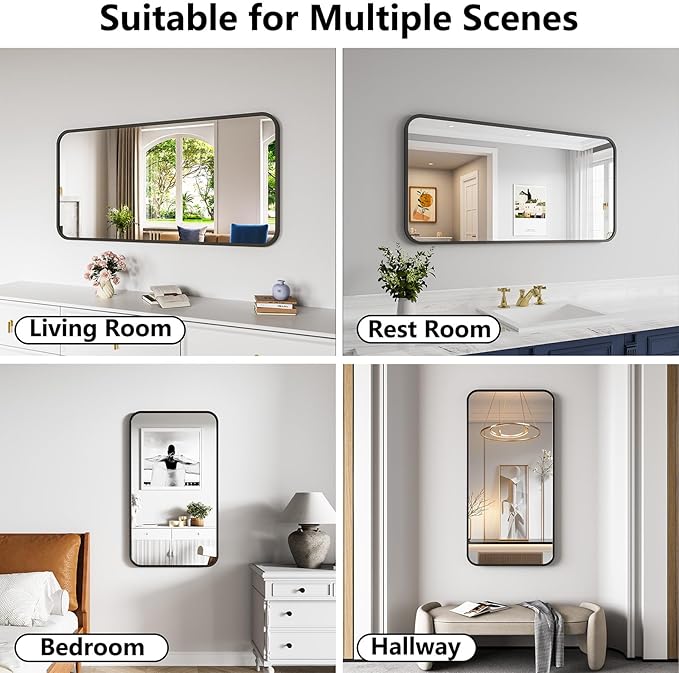 Koonmi Bathroom Mirror, 24X48 Brushed Black Metal Framed Wall-Mounted Mirror for Over Sink, HD Tempered Glass, Anti-Rust, Rounded Rectangle Mirror for Restroom, Bedroom, Hangs Horizontal or Vertical