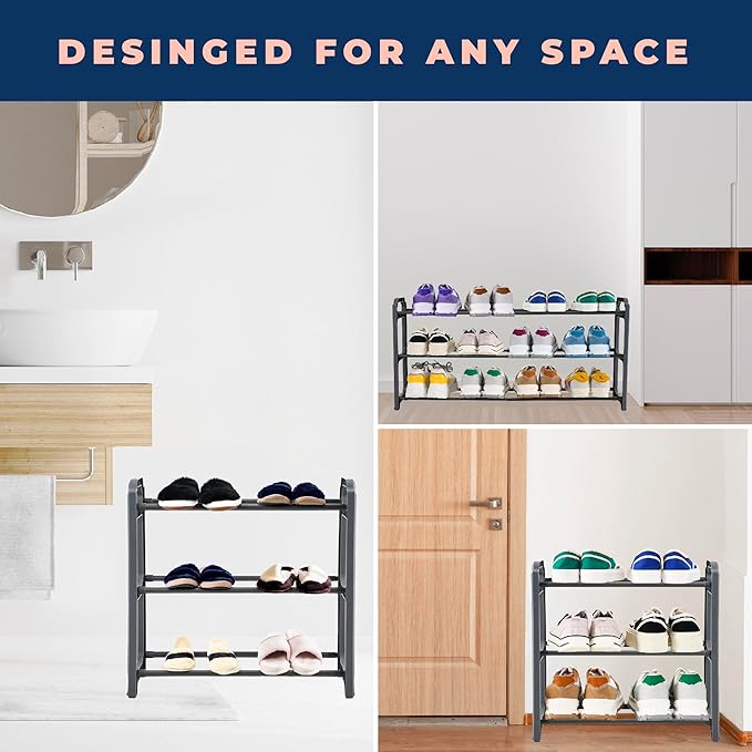 Happhom 3-Tier Expandable Shoe Organizer - Space Saver Shoe Shelf with Smart Design for Closet, Entryway and Small Spaces, Dark Grey (CSR-01)