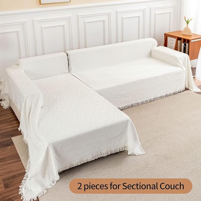 Deep Dream Sofa Cover, Sectional Couch Covers, Couch Covers for 3 Cushion Couch, Couch Cover for Dogs, Geometrical Jacquard Fabric Sofa Cover (Large, 71" x 102", White)