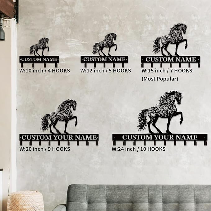 Personalized Custom Name Farm Horse Wall Key Hooks,Metal Horse Art Clothes Hooks,Metal Horse Wall Home Storage Decorative,For Front Door, Hallway, Kitchen, Bedroom,Keys,Hats (Style F)