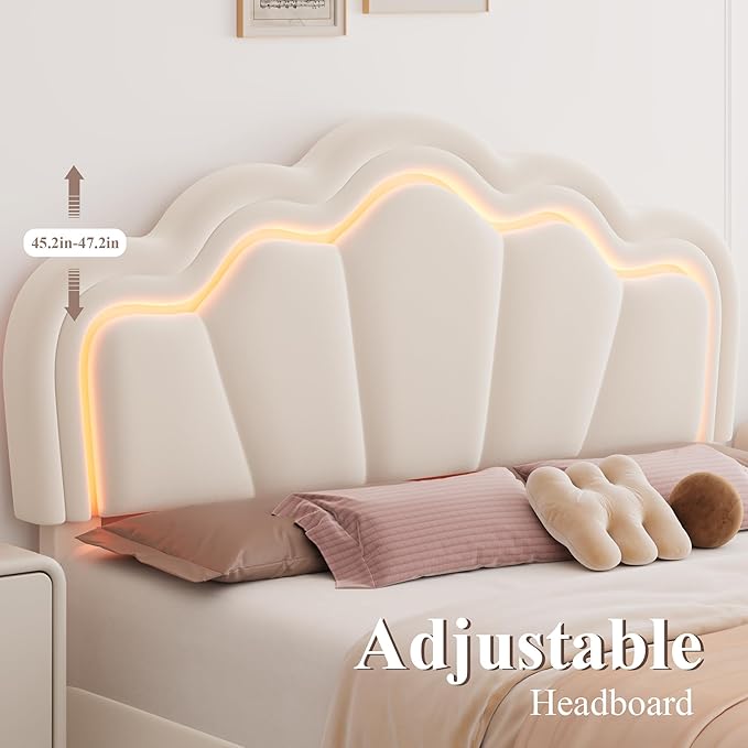 HOSTACK Full Upholstered LED Bed Frame with Storage Drawers, Cute Girls Bed with Adjustable Lotus Headboard, Velvet Princess Platform Bed Frame, Wooden Slats Support, No Box Spring Needed, Cream