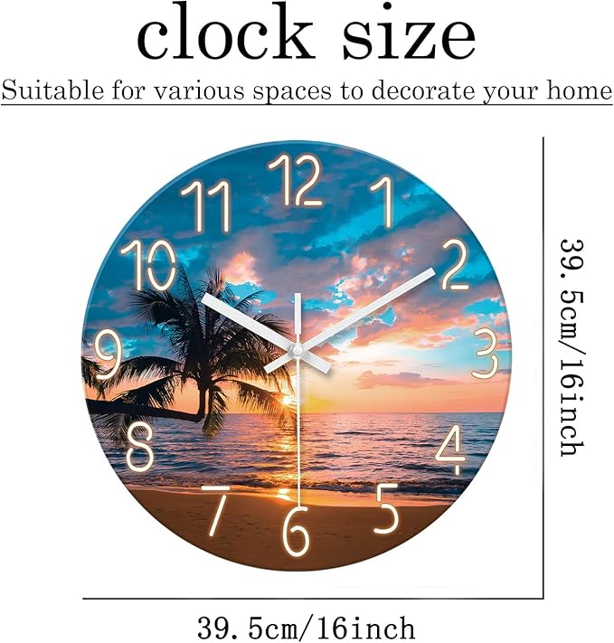 XFM Beach Wall Clocks Battery Operated 16 Inch Silent Non-Ticking Wall Clock Sunset Palm Tree Coastal Wall Clock for Bedroom Living Room Office Decor