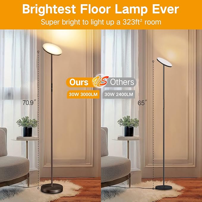 OUTON Floor Lamp, 30W/3000LM LED Modern Torchiere Sky Lamp, Dimmable Bright Standing Tall Lamp with 4 Color Temperatures, 1 Hour Timer, Remote Touch Control for Living Room Bedroom, Office, Bronze