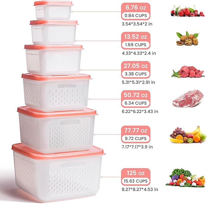 6-Piece Fruit Storage Containers for Fridge with Lids — BPA-Free Produce & Salad Keeper with Removable Colanders, Dishwasher & Microwave Safe, Multi-Size Meal Prep & Lettuce Saver