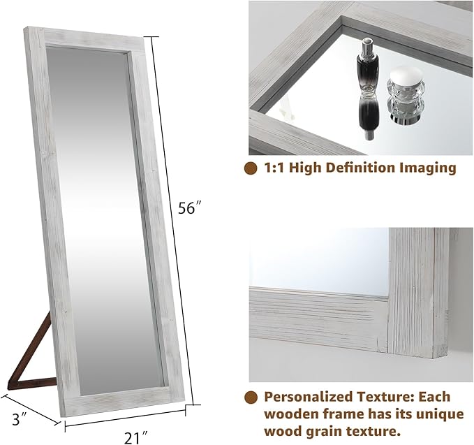 MELOMOIR Rustic Farmhouse Full Length Mirror with Wood Frame, 56"x21" Long Mirror for Bedroom Living Room Cloakroom, Free Standing Hanging or Leaning, Weathering White
