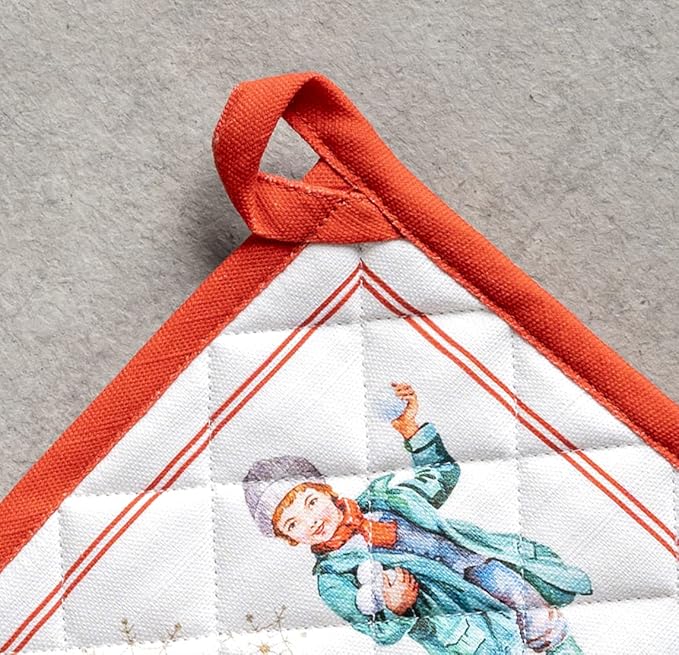 Maison d' Hermine 100% Cotton Oven Mitt & Pot Holder Set (7.5"x13" & 8"x8") Heat Resistant BBQ Cooking Gloves with Loop for Thanksgiving Christmas Decorations Handling Hot Pans (Chromo)