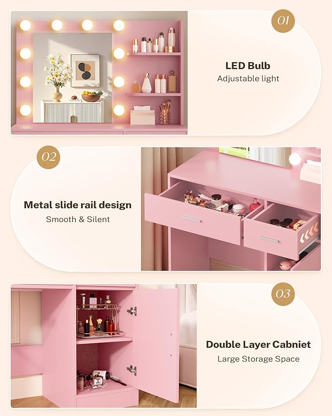Lighted Makeup Vanity Desk, 35.4“W x 15.7'”D x 54“H, Pink (with Lights and Mirror, Dimming Fuction, 2 Drawers and 1 Cabiniet, Open Shelves)