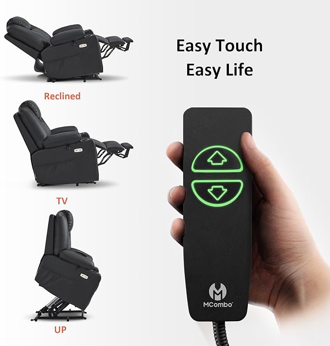 MCombo Power Lift Recliner Chair for Elderly, Lift Chair with Heat and Massage, FSC Certified, USB Ports, Cup Holders, Faux Leather 7040 (Black, Medium)