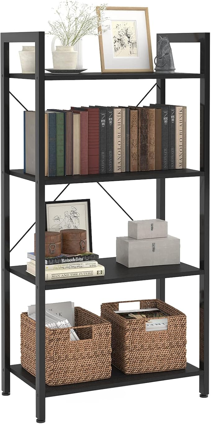 4-Tier Bookshelf, 47.2'' H Ladder Shelf, Industrial Bookcase, Wooden and Metal Storage Rack, Shelving Unit for Living Room Entryway Office, Black Book Shelves, 24 * 11.8 * 47.2 inches