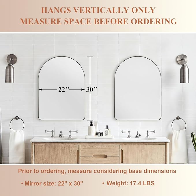 ANDY STAR Arched Mirror, 22 x 30 Inch Brushed Nickel Wall Mirror in Stainless Steel Metal Frame, Arch Top Rounded Corner 1 Inch Deep Set Design Wall Mount Hangs Vertical