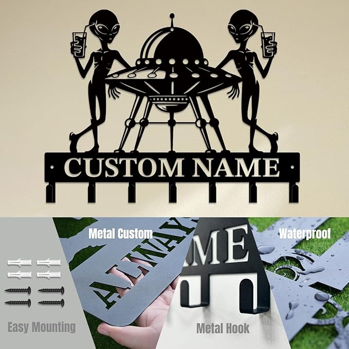 Personalized Custom Alien ET Metal Wall Keys Hooks,Clothes Hooks Alien ET Art coat racks,door holder,Black Alien ET decorations for home,Entrance doors,Hallway, Bedroom,Keys,Hats (Style K)