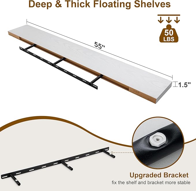 Fun Memories 55 Inch Fireplace Mantel - Long Floating Shelf, Wall Mounted Farmhouse Display with Invisible Heavy Duty Metal Bracket, White