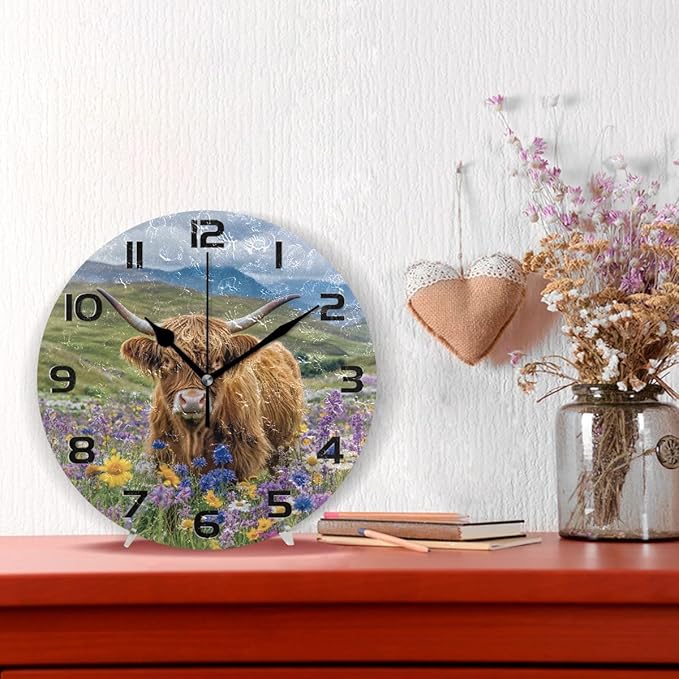 Bolaz Wildflowers Highland Cattle Wall Clocks Decorative Bedroom Silent Living Room Desktop Tabletop Shelf Clocks Round Battery Operated 10 Inch Non-Ticking