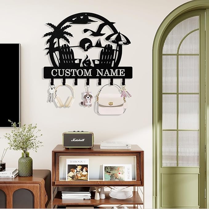 Personalized Beach Key Holder Wall Mount, Custom Metal Keys Hanger for Wall with Name, Custom Key Rack Holder with Hooks for Home, Entryway, Front Door, Living Room, Kitchen, Bathroom