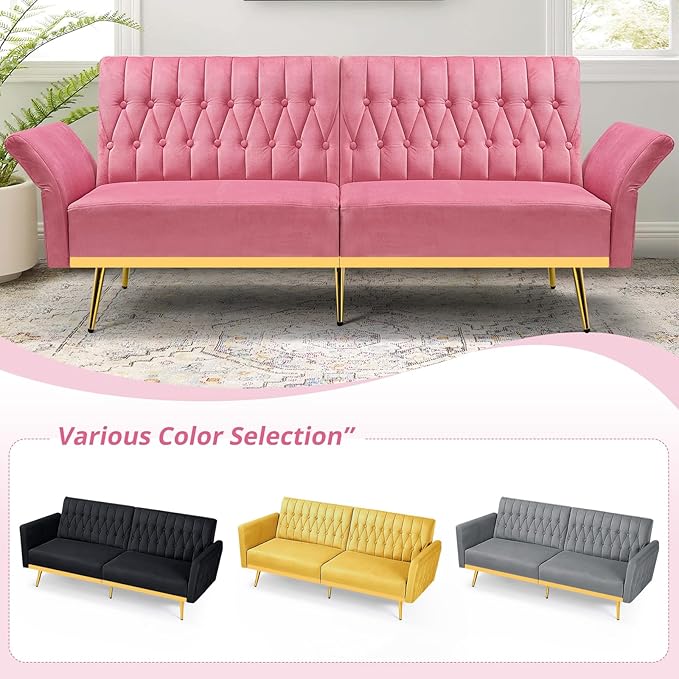 70” Velvet Futon Sofa Bed with 2 Pillows and Adjustable Armrests, Convertible Sleeper Bed, Modern Loveseat for Living Room, Bedroom, Pink