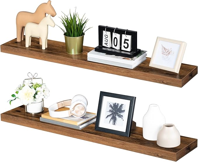 HOOBRO Floating Shelves for Wall, Wall Mounted Shelf Set of 2, 39.4" Hanging Shelf with Invisible Brackets, for Wall in Bathroom, Bedroom, Toilet, Kitchen, Living Room, Rustic Brown BF100BJP201G2