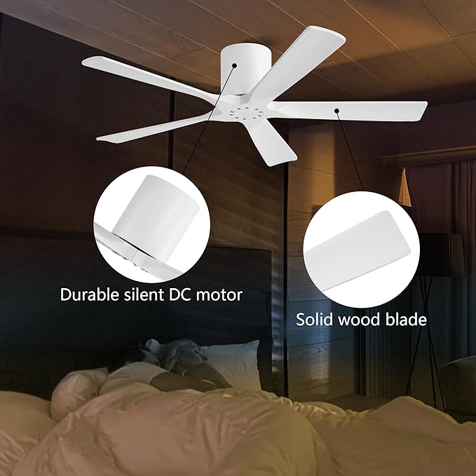 ELEHINSER 52 inch Low Profile Ceiling Fan without Light, 5 Solid Wood Blades,6-Speed,Quiet DC Motor, Timer,Flush Mount Modern Ceiling Fan No Light with Remote for Living Room Bedroom,White