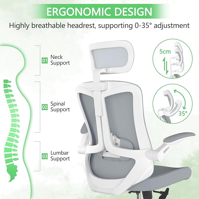 Office Chair,Ergonomic Comfy Home Desk Chair with 350LBS Capacity,High Back Gaming Chair with Wheels,Mesh Computer Chair,Lumbar Support, Adjustable Headrest,Flip-up Armrest (A-gray + White-1)