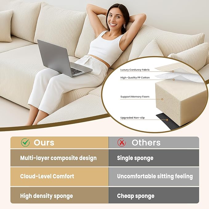 Oversize 131” Boneless Couch for Living Room, Comfort U Shaped Cloud Couch Sectional, Extra Deep Seats Corduroy Modular Sectional Sofa No Assembly,Beige