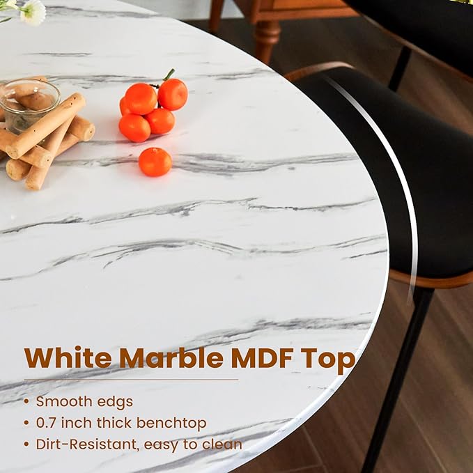 Round Dining Tulip Table for 2, Mid-Century Modern Table with Sturdy Metal Pedestal for Kitchen, Bistro, Cafe, Leisure (Faux Marble White, 24 INCH)