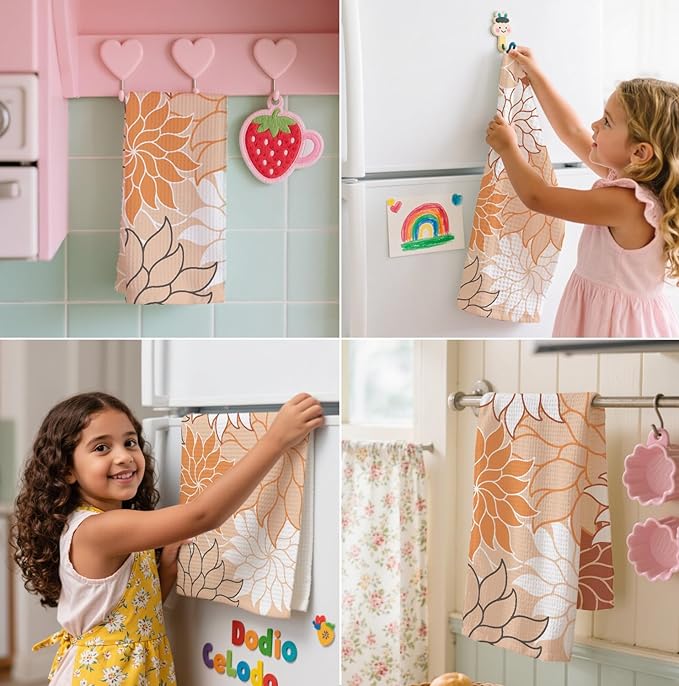 2-Pack Boho Floral Abstract Waffle Towels, Flower Hand Towel for Bathroom Decor, 16x24 Inch Neutral Brown & Orange Color Flower Dish Tea Towel Decor for Kitchen/Bath/SPA,Gift for Friends.