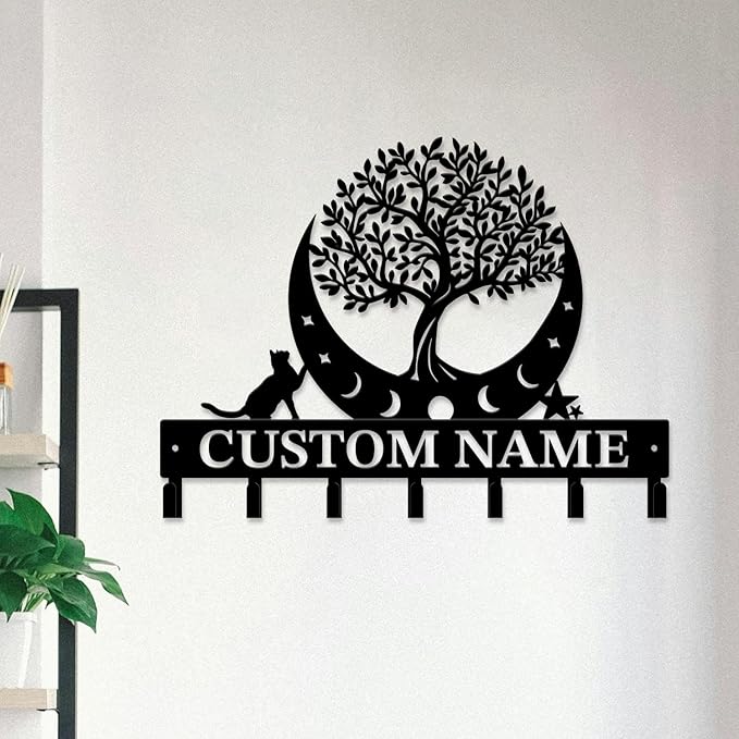 Life Tree Key Hook - Customized Metal Wall Organizer with Name Engraving, Black Iron Home Decor for Themed Collectors (Style C)