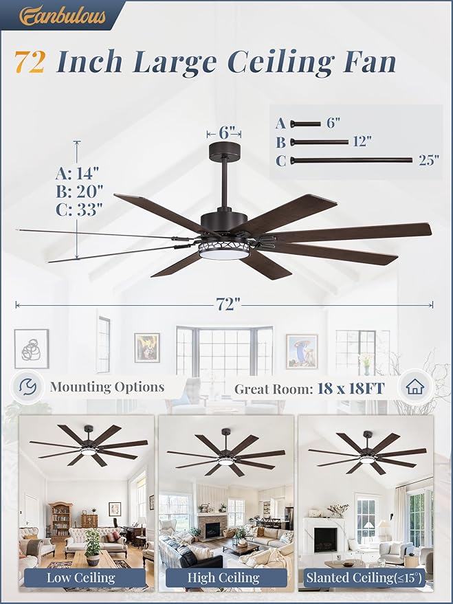 Fanbulous 72 Inch Large Ceiling Fans with Lights, Farmhouse Ceiling Fan with Light and Remote, Dual Finish 8 Blades, Reversible DC Motor, 3CCT, 6 Speed, Modern Ceiling Fan for Living Room, Oil Bronze