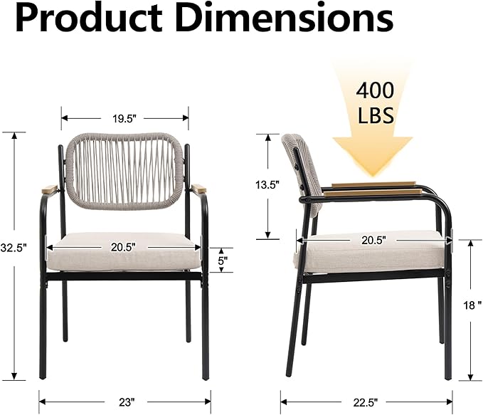 Outdoor Dining Chairs Set of 2, Wicker Patio Dining Chairs with Removable Cushions, Rectangle Patio Table Chair, All Weather Outdoor Chairs, Metal Lawn Chair for Adults/Indoor/Deck, Beige