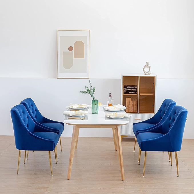 Modern Dining Chair Set of 4, Mid-Century Room Chair, Upholstered Comfortable Velvet with Back Pull Rod and Metal Legs for Kitchen, Dining, Living (Blue) (DYXSD)