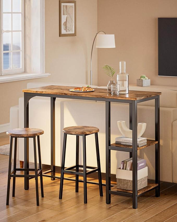 3-Piece Bar Table Set for 2, Bar Height Table with Stools & 2 Storage Shelves, Small Bar Table Set with Glass Rack, Small Kitchen Table for Dining Room, Living Room, Rustic Brown