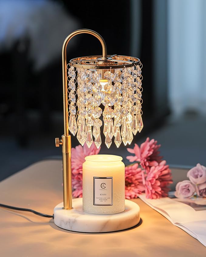 Candle Warmer Lamp with Timer Dimmer and 3 Bulbs, Candle Lamp Warmer with Marble Base for Adjustable Height, Crystal Candle Lamp for Jar Candles, House Warming Gifts Home Room Decor, Gold