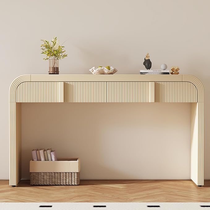 Modern Curved Entryway Console Table 55-Inch Entry Sofa Table with Storage Drawers for Living Room Entrance Hallway Accent Furniture (Apricot Cream)