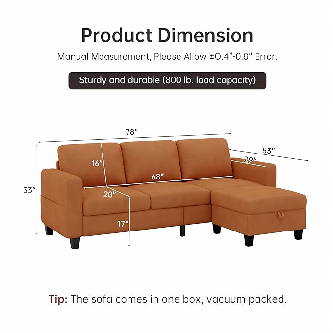 Youmumeub 79''Sectional Couch Couches for Living Room - L-Shaped 4-Seater Deep Sectional Sofa,Removable Covers,Suitable for The Living Room, Apartment or Office-Orange