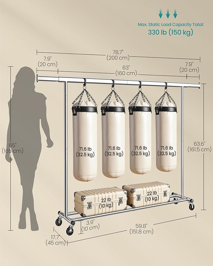 SONGMICS Clothes Rack with Wheels, Heavy-Duty Clothing Rack for Hanging Clothes, Portable, 17.7 x (63-78.7) x 63.6 Inches, with Extendable Rail, 330 lb Load Capacity, Silver UHSR175E01
