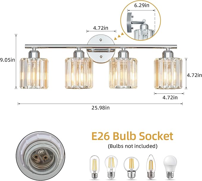 Modern 4 Light Crystal Vanity Light, Chrome Vertical Bathroom Light Fixture Over Mirror for Dressing Table Sink, Compatible with Dimmable Bulbs (Bulbs Not Included)