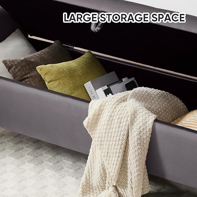 65" Storage Ottoman Bench, End of Bed Storage Bench King Size with Tufted Button Upholstered and Gold Legs, Bedroom Benches with Armrests for Living Room Window and Entryway, Dark Grey